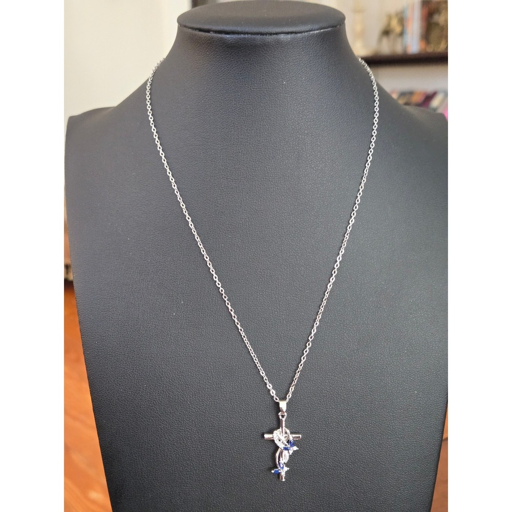 Blue Butterfly Cross Pendant Silver Tone